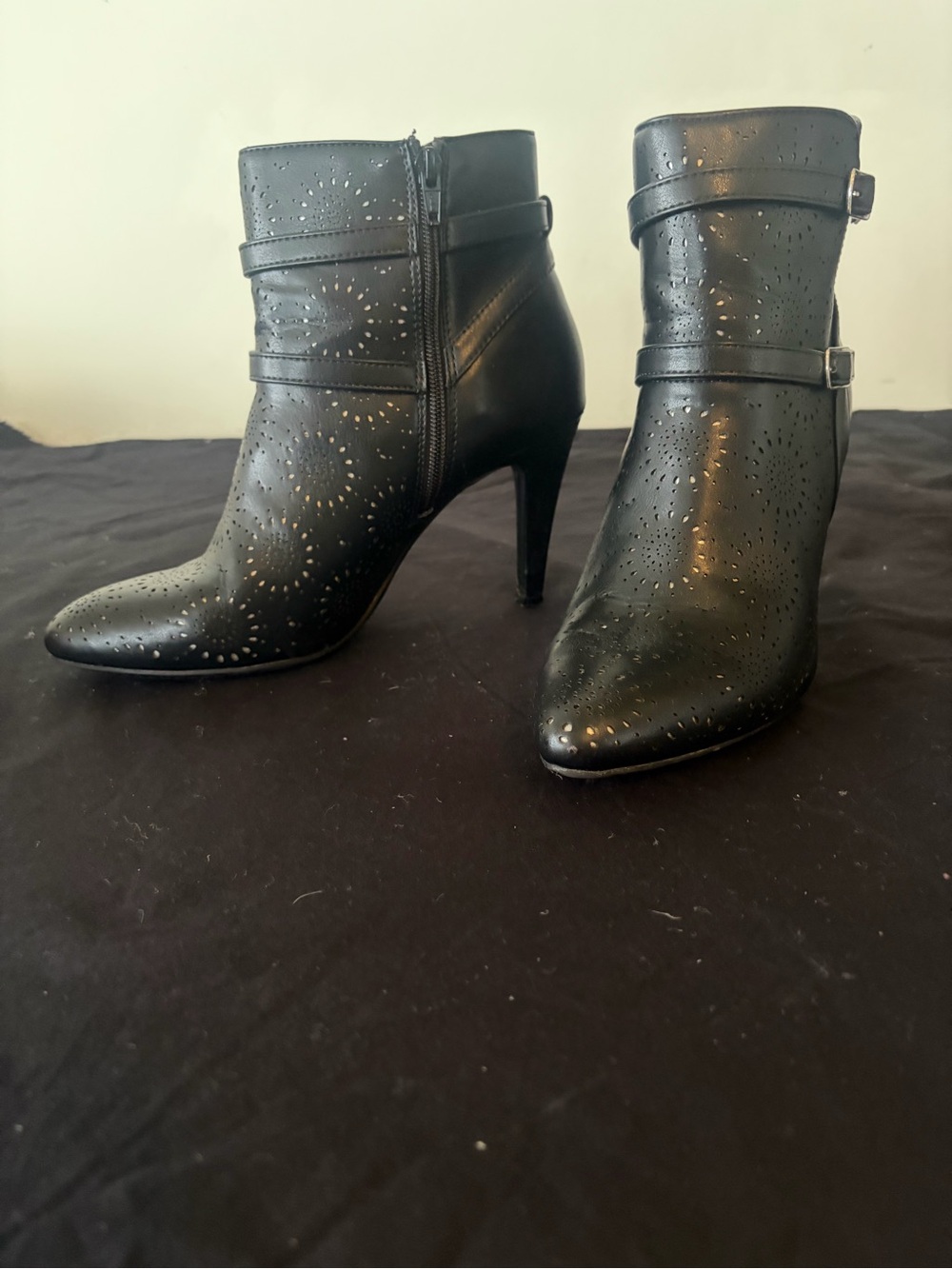 Kelly & Katie Black Perforated Pointed-Toe Ankle Booties with Buckles